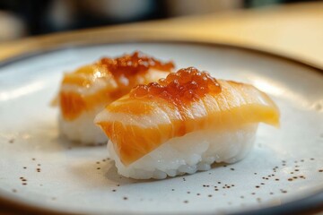 Hokkigai Sushi on White Plate with Surf Clam Nigiri