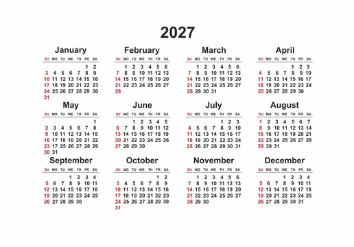 2027 Sunday Start Horizontal Black and White Red Calendar Template, Simple layout of pocket or wall calendars. Yearly Stationery organizer in minimal design