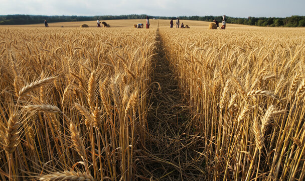 Farmers harvesting wheat in a large field representing the Parable of the Growing Seed