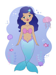 Vector illustration of underwater life. Cute little mermaid. Seamless pattern, perfect for fabric design, bedding, wrapping paper and t-shirts. Cute baby background