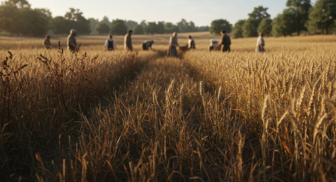 Farmers Harvesting Wheat in a Field at Sunrise, Parable of the Growing Seed