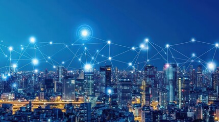 Naklejka premium Night city skyline connected by network