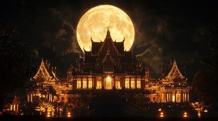 Obraz premium Illuminated Temple Underneath a Giant Moon