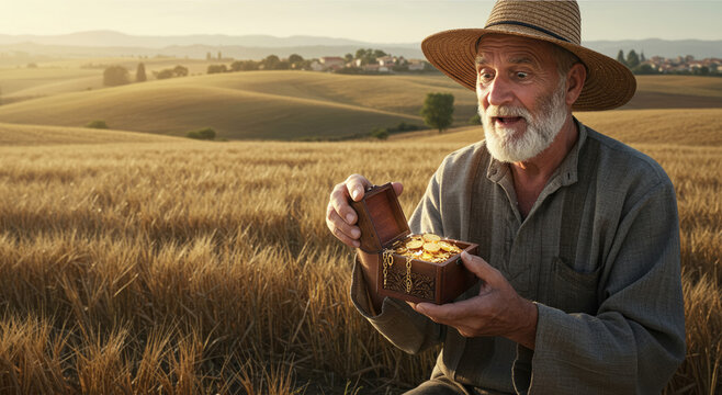 Excited farmer finding treasure chest full of gold in wheat field