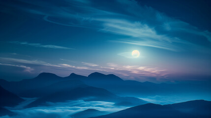 A bright full moon lights up soft clouds floating above towering mountains under a calm night sky.