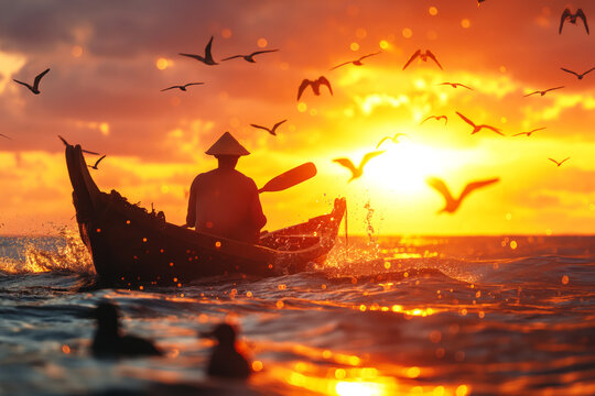 A silhouette of an Asian male drifter paddling his wooden boat at sunset, surrounded by birds in flight.