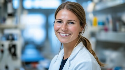 A smiling woman in a lab coat stands in a bright laboratory, exuding professionalism and warmth, ready to engage in scientific work.