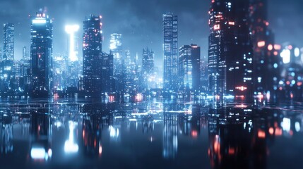 Obraz premium Cyberpunk Cityscape: Neon Reflections in a Futuristic Metropolis
