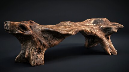 Unique wooden bench crafted from natural wood, showcasing intricate textures against a dark backdrop