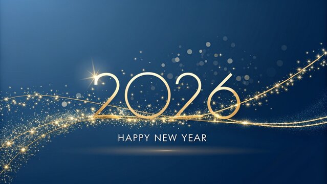 Elegant Happy New Year 2026 Celebration - Golden Sparkling Swirls and Luxury Festive Design on a Dark Blue Background.