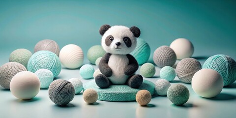 A serene panda plush toy sits contentedly amidst an array of soft, textured spheres in calming pastel tones, creating a whimsical and peaceful scene.