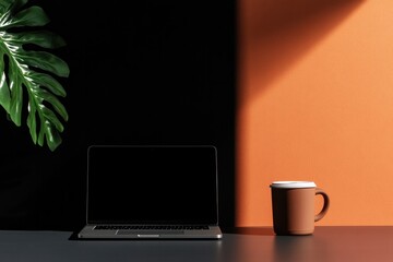 Fototapeta premium Minimalist workspace features laptop, coffee cup, and green plan