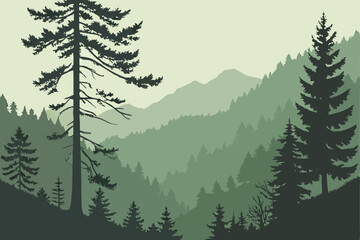 4 Misty forest landscape, fog rolling through pine trees, ethereal atmosphere, moody lighting, green and gray tones, atmospheric perspective, layered forest, mystical woodland, Pacific Northwest scene