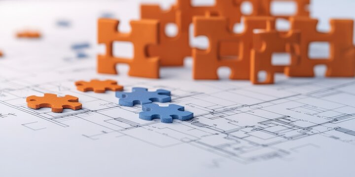 Strategic planning resources growth concept. Puzzle pieces on architectural plans, symbolizing problem-solving and planning.