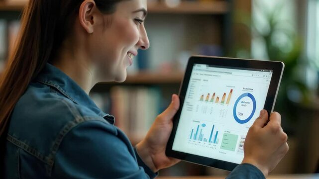 Financial businesswoman analyzing graphs and data on a tablet in the office.