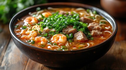 Vietnamese Mi Quang Noodles with Pork Shrimp and Egg in Rich Broth