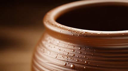 Close up brown clay ceramic handmade vase or pot with water drops, Traditional pottery container with water drops, AI generated
