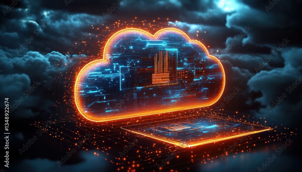 Poster futuristic cloud computing digital hologram network technology in cyberpunk style