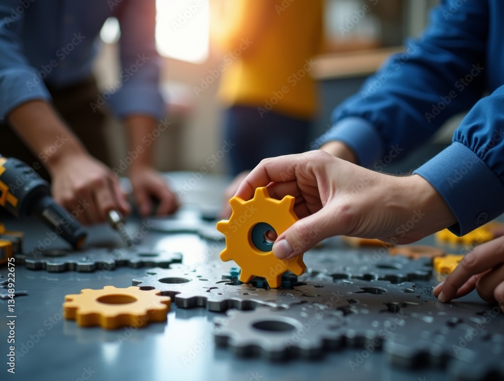 Poster team collaboration: close-up of hands assembling interlocking gears symbolizing teamwork, unity and 