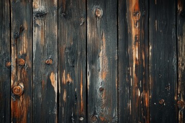 Naklejka premium Charred wooden planks display unique burn patterns, dark tones, and knots. Natural and rustic appearance with rich textures highlighted by lighting. Neural network AI generated