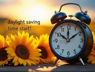 Daylight Saving Time Announcement: A classic alarm clock rests amidst vibrant sunflowers against a sun-kissed sky, heralding the start of daylight saving time.