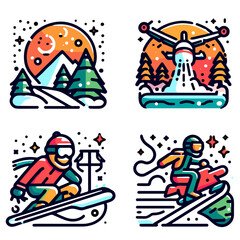 Winter outdoor activities illustrated in vibrant colors. Snowboarding trip  