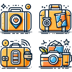 Travel icons representing suitcases and cameras in vibrant colors. Suitcase with travel stickers  