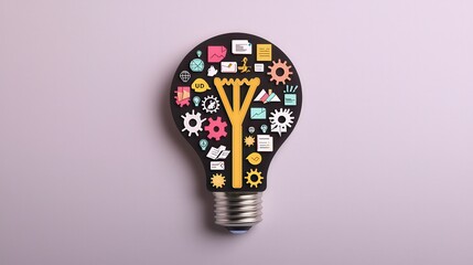 Strategic planning resources growth concept. Light bulb filled with colorful icons representing ideas and creativity.