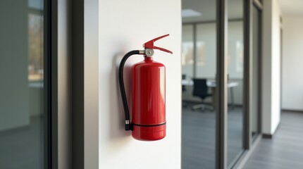 Obraz premium Fire Extinguisher: A vibrant red fire extinguisher is mounted on a stark white wall, symbolizing safety and preparedness within a modern building.