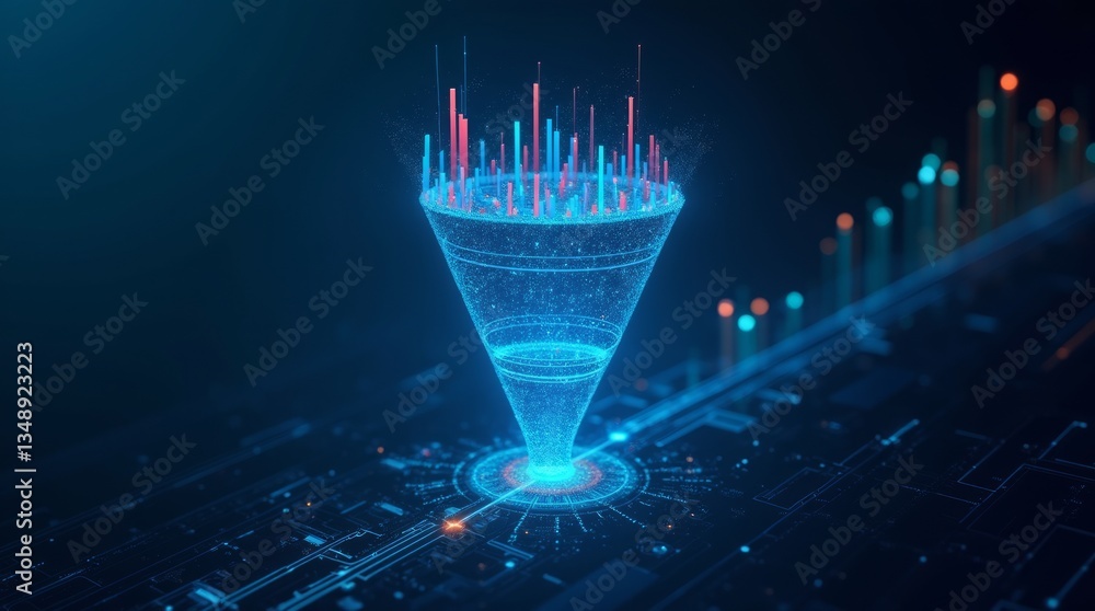 Poster data funnel: visualize the data transfer process with this stunning digital illustration. a modern p