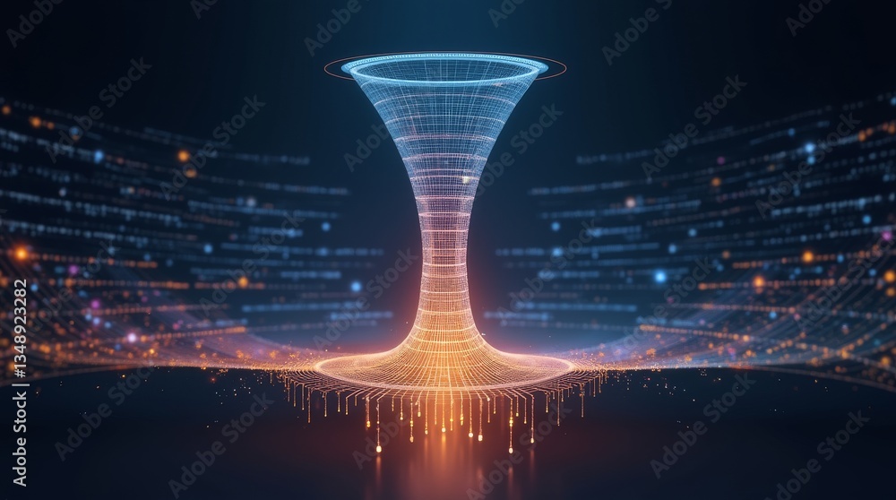 Poster digital vortex: futuristic visualization of a digital vortex, data streams converging into a central
