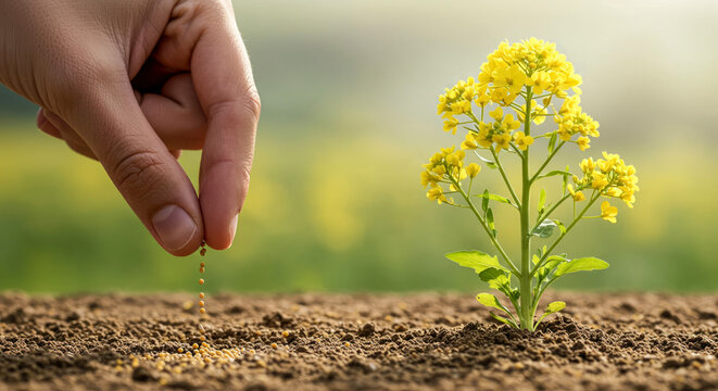 Farmer sowing mustard seeds in cultivated land near blooming plant