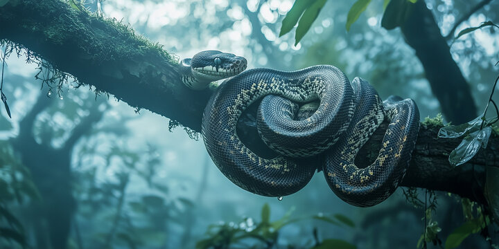 Python coiled on a tree branch in the jungle during a misty morning with dew