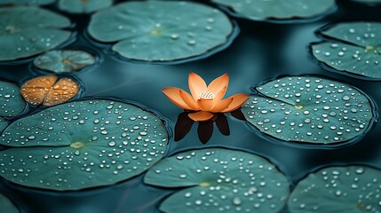 Single orange lotus flower blooming among teal lily pads with water droplets.