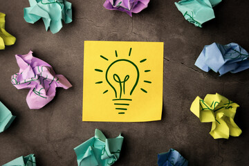 Idea, Innovation and Creativity Concept. a Light Bulb Handdrawn on Sticky Note, Brainstorm for New...