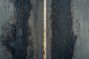 Overhead view of worn asphalt with central white line, dark patches. Rough texture, earthy tones create gritty atmosphere. Neural network AI generated