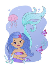 Vector illustration of underwater life. Little mermaid and fishes. Seamless pattern, perfect for fabric design, bedding, wrapping paper and t-shirts. Cute baby background