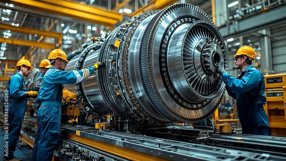 Fototapete in a bustling workshop, a team of dedicated mechanics focuses on assembling a large aircraft engine.