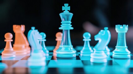 Strategic planning resources growth concept. Glowing chess pieces on a board in vibrant colors.