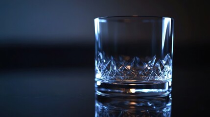 Crystal whiskey glass illuminated against a dark background showcasing intricate design details