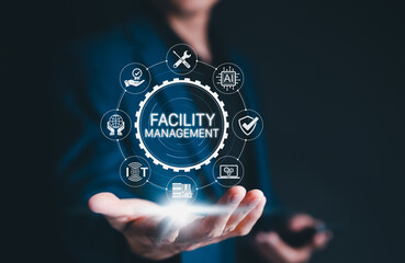Facility Management Digital Transformation Concept. Business professional presents futuristic...