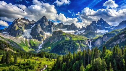 Majestic Mountain Range with Verdant Slopes and Cascading Waterfalls Under a Dramatic Sky