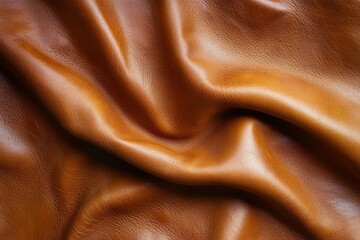 Close-up of brown leather fabric with swirling folds, showcasing rich texture and sheen under warm lighting. Detailed surface and luxury in appearance. Neural network AI generated