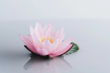 Delicate pink lotus flower floating on water, surrounded by sere