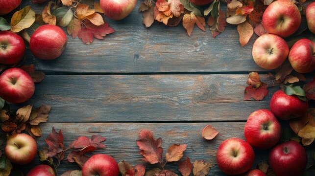 Autumn apples frame wood background