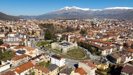 Aerial view of the Orsini-Colonna Castle, a fort located in the city of Avezzano, in Abruzzo,...