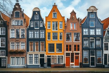 Fototapeta premium Charming Dutch Townhouses with Red-Tiled Roofs in Amsterdam City Street