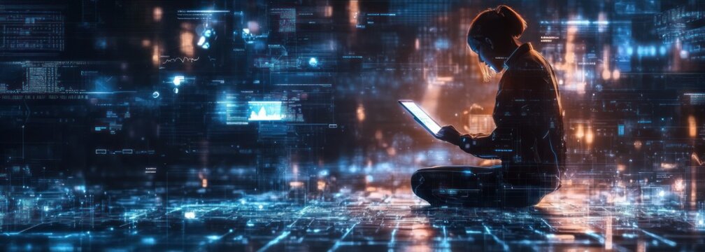 Futuristic Digital Workplace with Cyberpunk Theme Team Collaboration Programmers Cybersecurity Software Development Holographic Data Processing