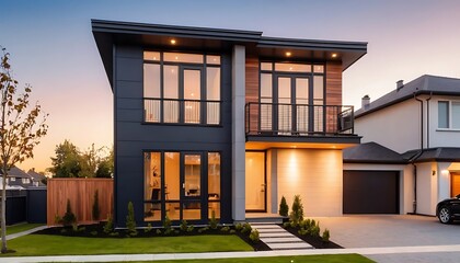 Close up photo of modern residential townhouse, luxury architectural style house exterior