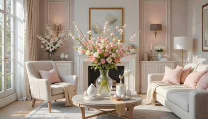 Stylish Living Room with Beautiful Flower Arrangement and Cozy Ambiance